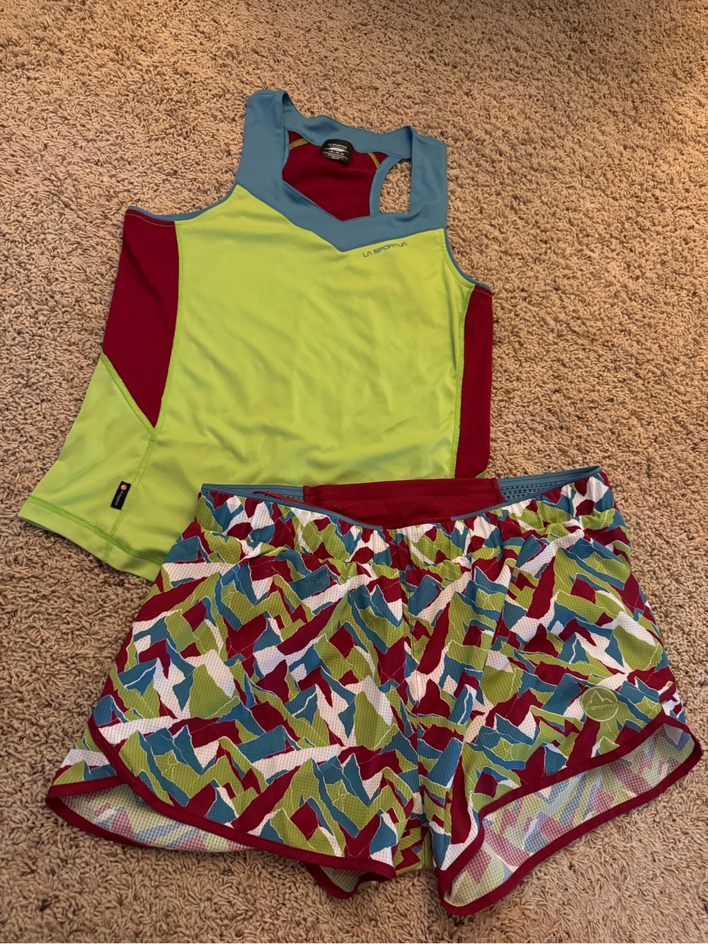 La Sportiva Neon Lime, Sky Blue & Burgundy Athletic Shorts Set